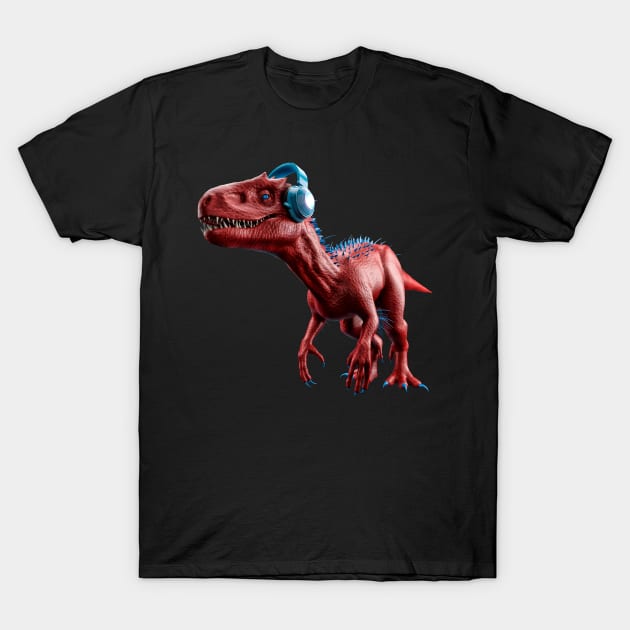 red and blue tyrannosaurus rex t-rext earing music with phones T-Shirt by Nekron